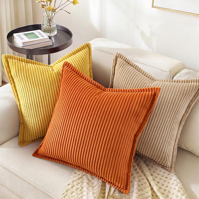 decorUhome Fall Corduroy Burnt Orange Throw Pillow Covers 24x24 Set of 2 | Euro Sham Couch Decorative Soft Modern Boho Farmhouse Pillow Covers Broadside Striped Pillow Cases for Living Room Bed Sofa