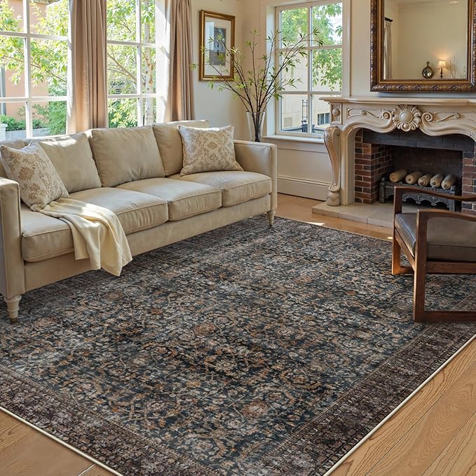 Collive Washable Area Rug 6x9, Large Antique Distressed Rugs for Living Room Vintage Soft Rugs for Bedroom, Non Slip Ultra-Thin Dining Room Floor Carpet for Entryway Kitchen Office - Brick