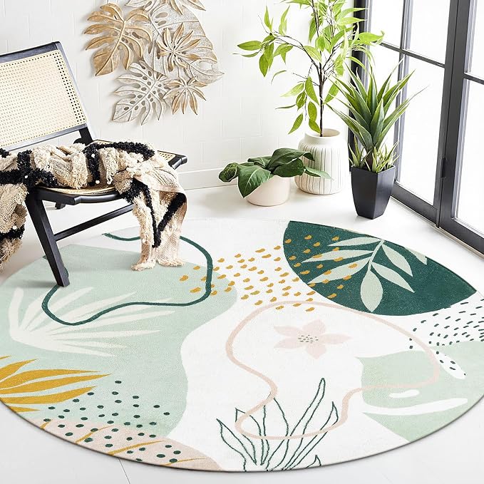 Lahome Green Round Area Rugs 5Ft - Washable Large Boho Round Rug for Living Room Non-Slip Throw Circle Rug for Dining Room Table,Soft Cute Botanical Print Floor Mat Carpet for Bedroom Office Bathroom