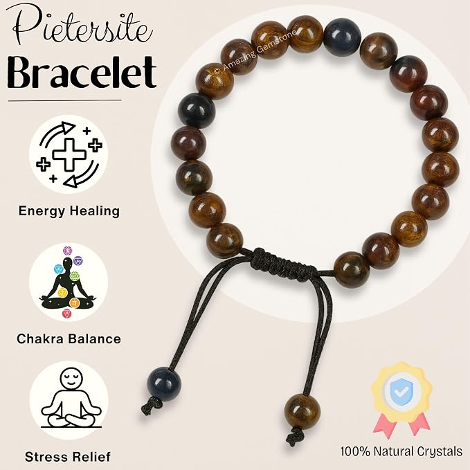Amazing Gemstone Pietersite Bracelet, Gifts for Men & Women - Protection Healing Crystal Bracelet - 8mm Gemstone Beaded Adjustable Bracelet, Pulseras para Hombres Mujer Stocking Stuffers