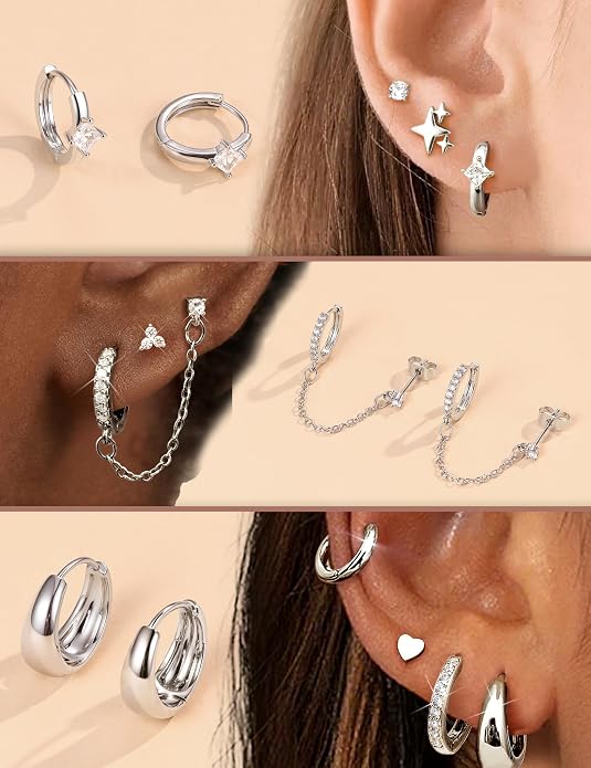 Florideco Flat Back Earrings Hypoallergenic Surgical Steel Earrings for Women Trendy Cartilage Chain Earring 14K Gold Plated Star Heart CZ Flatback Stud Earring Sets for Multiple Piercing