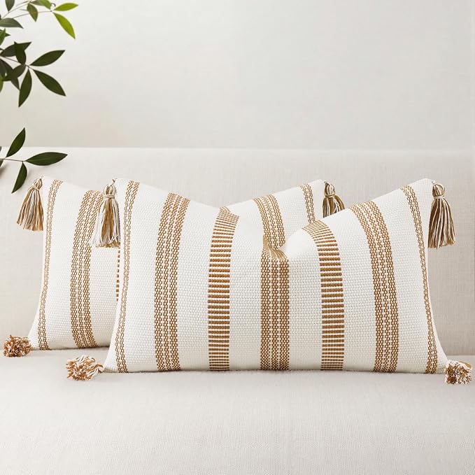 Smile Bee Boho Outdoor Couch Throw Pillow Covers Set of 2 Decorative Thick Woven Striped Accent Neutral Pillow Covers with Tassels for Bed Sofa Home Decor 12x20 Inch, Brown and Cream White | Woven Cozy Boho Decorative Modern Farmhouse Accent Pillow Cas...