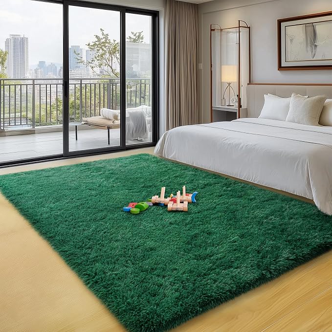 qulint Dark Green Area Rug for Bedroom 4x6, Fluffy Shag Rug for Living Room | Fuzzy Plush Small Nursery Rug, Modern Shaggy Forest Carpet for Boys and Girls Dorm Classroom Christmas Home Decor