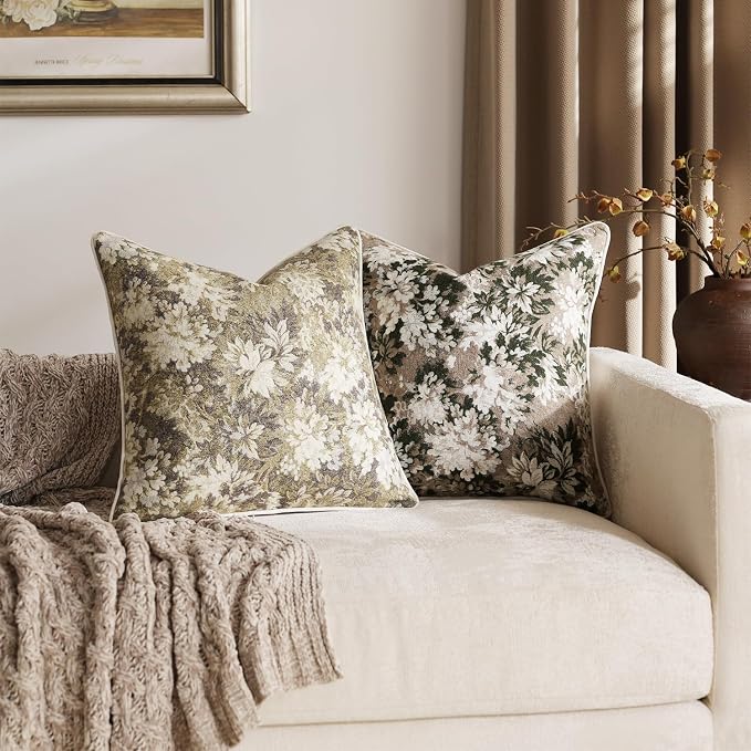DEZENE Pack of 2 Vintage Floral Throw Pillow Covers 22x22 Boho Farmhouse Accents Chenille Square Decorative Pillow Cases for Living Room Couch Bed Home Decor, Green and Taupe