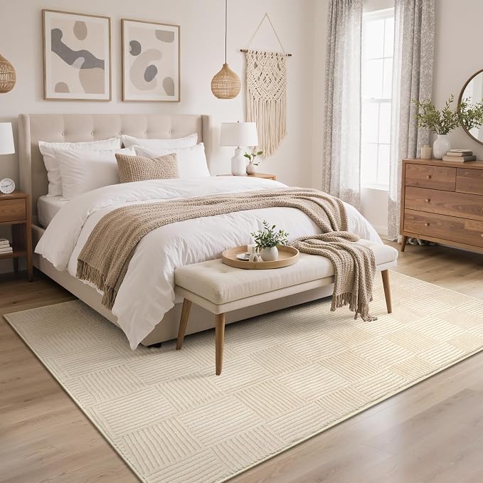 GENIMO Soft Washable Area Rugs 5x7, 3D Modern Grid Design Rugs for Living Room, High-Low Pile Textured Non Slip Fuzzy Shag Carpet, Non-Shedding Stain Resistant Beige Carpet for Bedroom, Dining Room