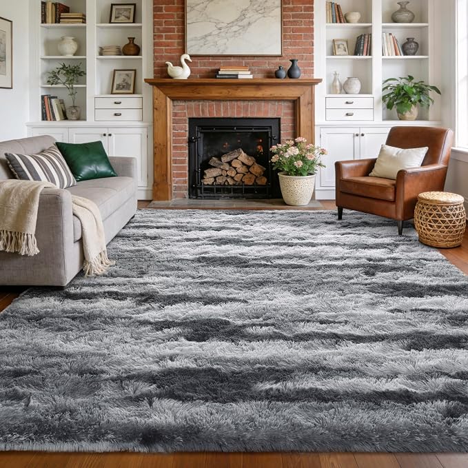 Large Shaggy 6x9 Area Rugs for Living Room Decor, Non-Slip Tie-Dyed Rugs for Bedroom Kids Playroom Dorm Room, High Pile Ultra Soft Carpet, Grey