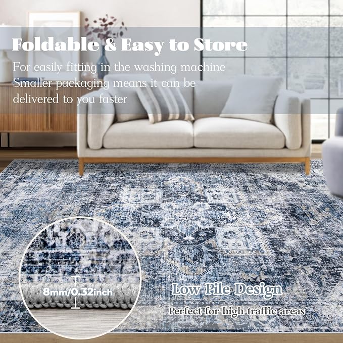 Area Rug 8x10 Washable Rug, Vintage Boho Medallion Rugs Non-Slip Soft Low Pile Large Distressed Rug Indoor Retro Carpet for Living Room Bedroom Dining Room Home Office (Blue, 8'x10')