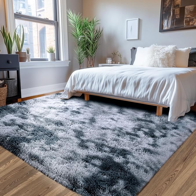 Fluffy Area Rug for Living Room: 6x9 Shag Rugs for Living Room- 6x9 Feet Fluffy Rugs for Bedroom- Shag Gray Area Rugs Soft Fuzzy Carpets for Bedroom, Nursery (Tie-Dyed Dark Grey,6x9)