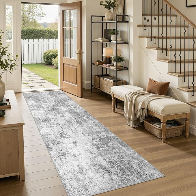 Washable Runner Rug 3x8, Non Slip Neutral Area Rug for Hallway | Modern Abstract Carpet, Stain Resistant and Kid & Pet Friendly, Made for Kitchen, Bedroom, Entryway, Laundry, Kitchen - Gray
