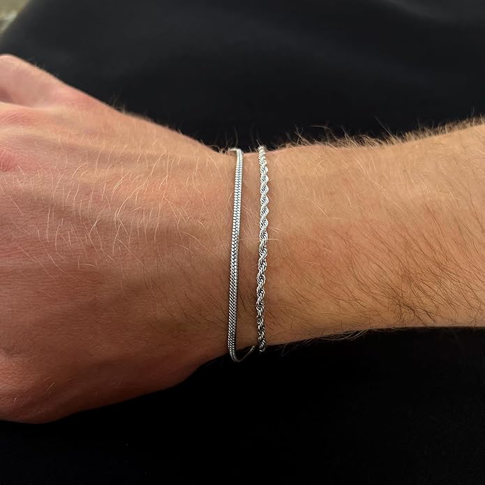 Mens Bracelet - Dainty Gold/Silver Chain Bracelet Stack 14K Gold Plated Silver Bracelets for Men Stainless Steel Adjustable Cross Charm Cuban Link Bracelet Snake Jewelry Set to Men Dad Birthday Day