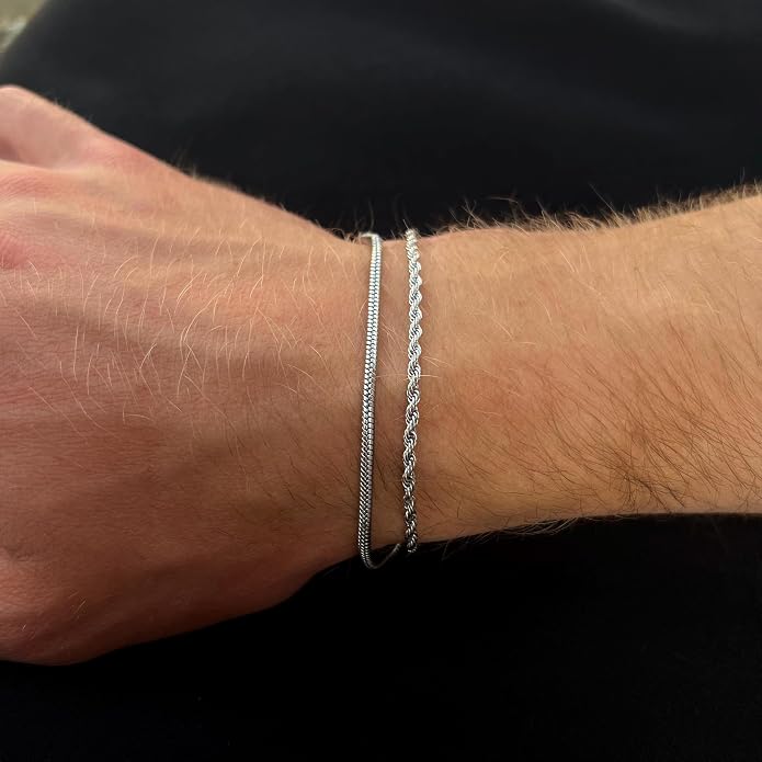 Mens Bracelet - Dainty Gold/Silver Chain Bracelet Stack 14K Gold Plated Silver Bracelets for Men Stainless Steel Adjustable Cross Charm Cuban Link Bracelet Snake Jewelry Set to Men Dad Birthday Day