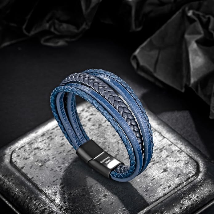 murtoo Mens Leather Bracelet with Clasp Cowhide Multi-Layer Braided Leather Mens Bracelet