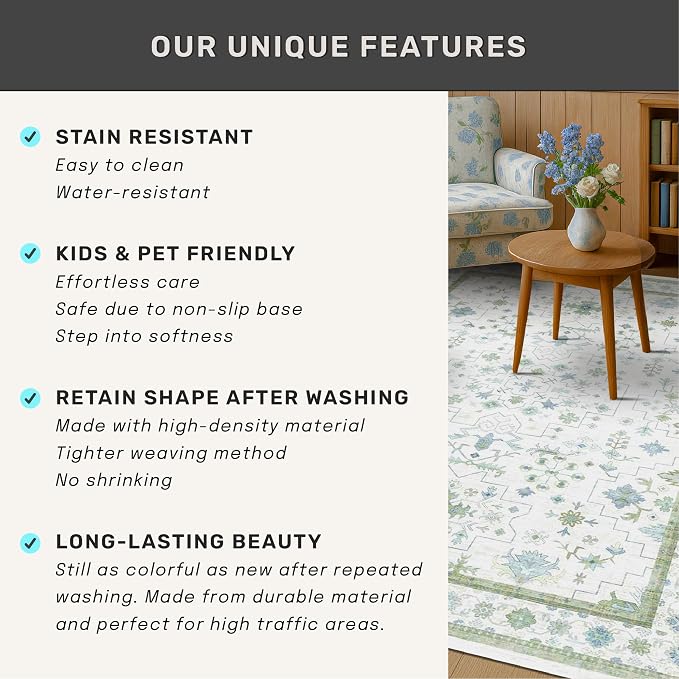 Hazo Haus Oushak Runner 2x10 Hallway Rug - Floral Pastel Boho, Washable Low Pile Non Slip Extra Long Runner Rugs for Kitchen, Hall Way - Cream Blue and Green
