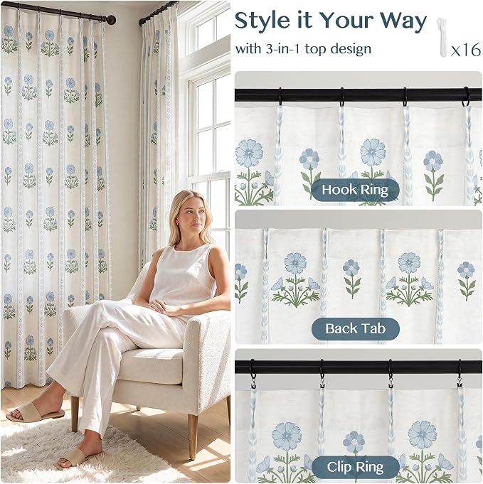 THREE GIRLS Pinch Pleated Light Filtering Linen Blend Floral Block Print Curtains for Living Room, Bedroom, Modern Farmhouse, Memory Trained, Hooks, 2 Panels Set, 40"x95", Blue