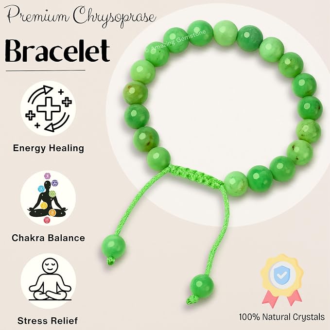 Amazing Gemstone Chrysoprase Premium Bracelet, Gifts for Men & Women - Protection Healing Crystal Bracelet - 8mm Gemstone Beaded Adjustable Bracelet, Pulseras para Hombres Mujer Stocking Stuffers