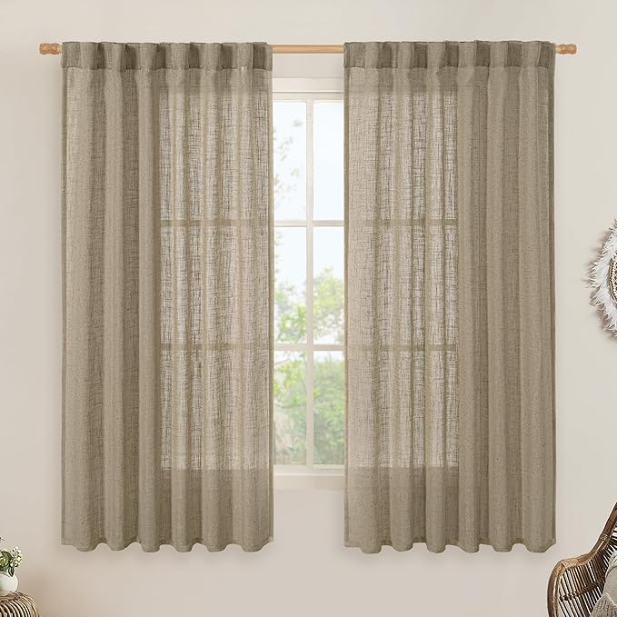LAMIT Taupe Semi Sheer Linen Curtains 60 Inch, Light Filtering Neutral Window Panels Farmhouse Boho Back Tab and Rod Pocket Drapes for Bedroom, 2 Panels, 52 x 60 Inch