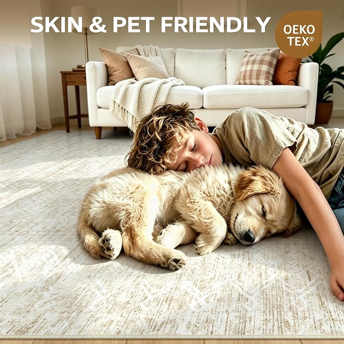 6X9 Area Rug for Living Room, Washable Moroccan Geometric Rug Soft Non-Slip Rubber Vintage Boho Large Rug, Low Pile Farmhouse Carpet for Bedroom Dining Room Nursery Modern Office (Beige, 6'x9')