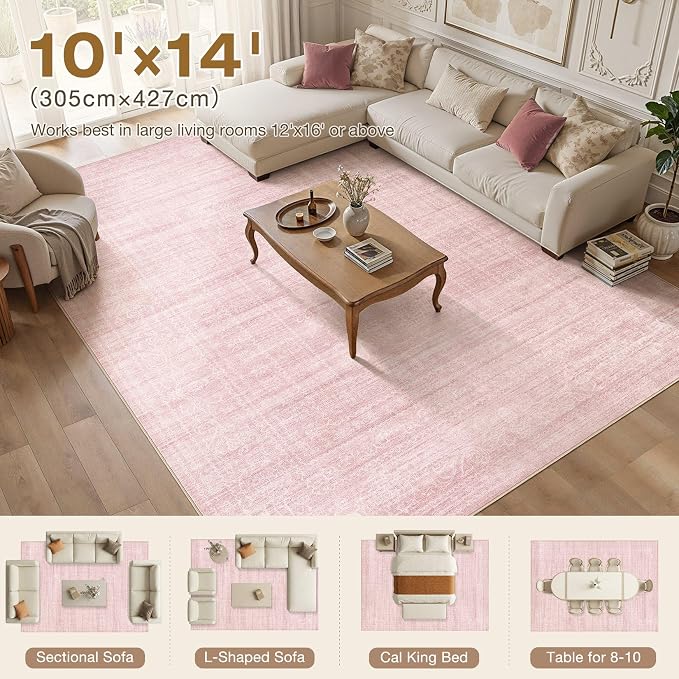Nakagishi 10X14 Area Rugs Living Room: Washable Large Vintage Rug Neutral Non-Slip Soft Stain Resistant Indoor Carpet for Bedroom Nursery Dining Room Office Playroom - Pink