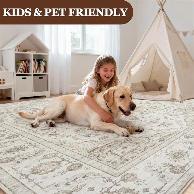 9x12 Area Rugs for Living Room:Beige Washable Vintage Medallion Carpet Non-Slip Soft Low Pile Large Rugs Indoor Retro Rug for Bedroom Nursery Dining Table Office Home(Beige White 9'x12')