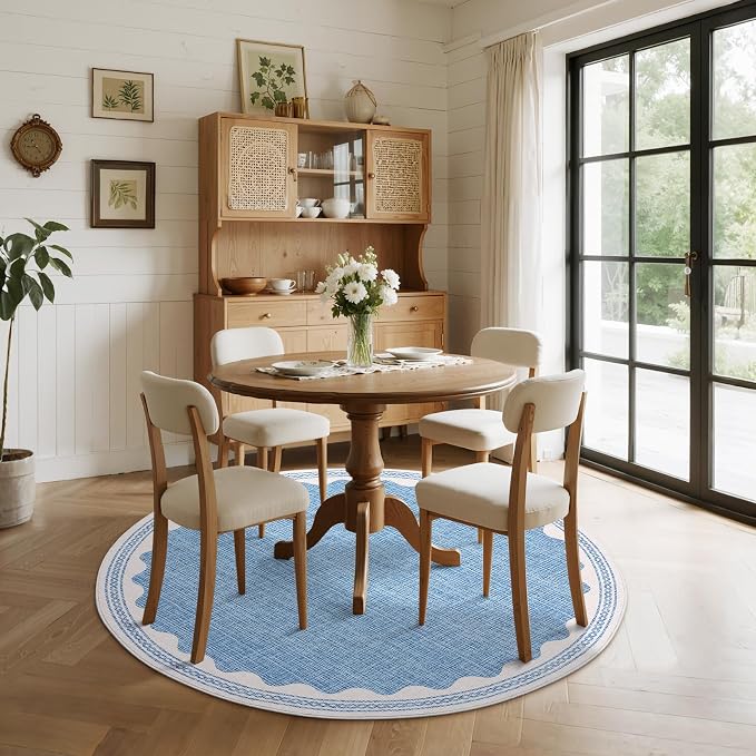 6ft Scalloped Round Rug Blue Washable Living Room Bedroom Area Rugs | Small Solid Rug for Bedroom Girls, Non Slip Scalloped Round Bath Mat, Soft Dorm Nursery Carpet for Bedside