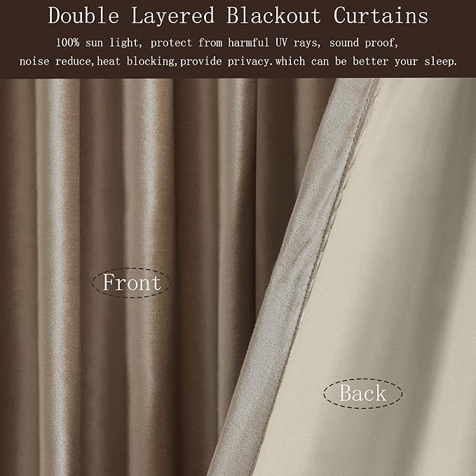 PRIMROSE Blackout Taupe Velvet Curtains, 96 inch Long, Set of 2 Panels, Liner Rod Pocket, Back Tab, Thermal, Room Darkening, Heavy Decorative Curtains for Living Room & Bedroom