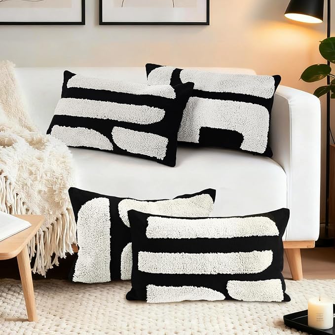 LandIdyll 4 Pcs Black and Cream Chunky Tufted Pillow Covers 12 x 20 Inch Boho Black and White Throw Pillow Covers Set Decorative Modern Abstract Geometric Pillowcase for Living Room Bed Couch Sofa