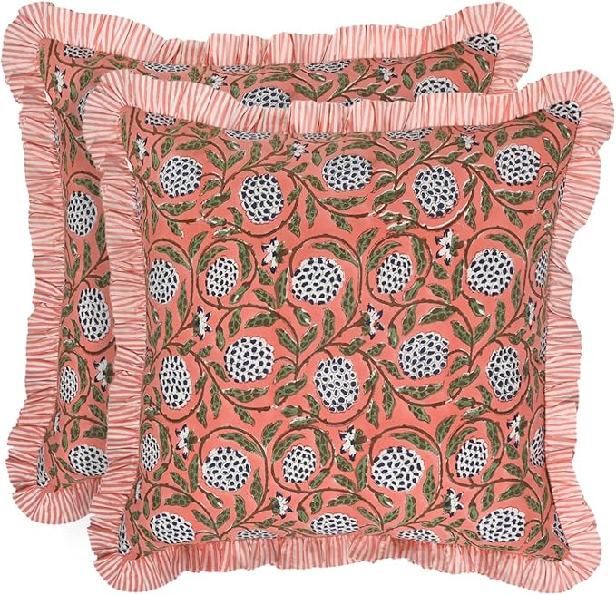 Ridhi Block Print Dark Salmon Pink Throw Pillow Cover 18" x 18" (Pack of 2) Decorative Cushion Covers with Ruffle for Couch, Sofa, Bed, Living Room, Home Decor Gift for Spring, Mother's Day