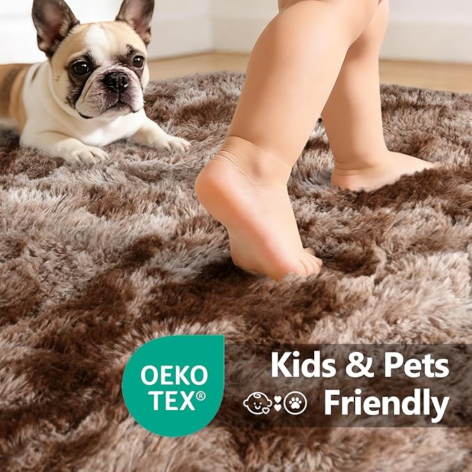 5x7 Area Rugs for Living Room Decor, Non-Slip Shaggy Tie-Dyed Rugs for Bedroom Kids Playroom Dorm Room, High Pile Ultra Soft Carpet, Brown