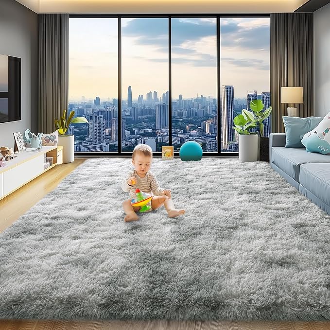 qulint 8x10 Living Room Rug, Fluffy Large Rug for Bedroom, Tie-Dyed Grey | Shag Shaggy Rug for Boy Room, Fuzzy Plush Modern Carpet for Kid Room Dorm Classroom Playroom Home Decor