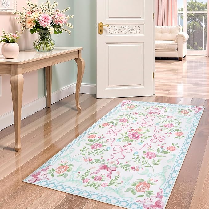 Collive 3x5 Nursery Rug, Boho Pink and Blue Floral Area Rugs Machine Washable, Soft Ultra-Thin Bow Carpet Non Slip for Girls Room Bedroom Entryway Playroom Living Room