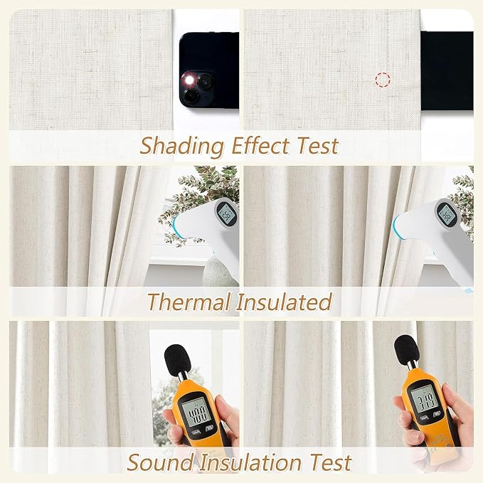 Extra Long 100% Blackout Linen Curtains for Bedroom 110 Inches Long Natural Cream Black Out Curtain Back Tab Thermal Insulated Room Darkening Window Drapes for Living Room 2 Panels Beige Ivory 52x110