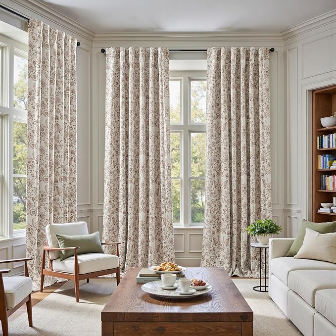 jinchan Taupe Floral Blackout Curtains 96 Inch Farmhouse Back Tab 2 Panels | Taupe on beige, room darkening, traditional vintage drapes, bedroom, living room, botanical, flower print, window treatment