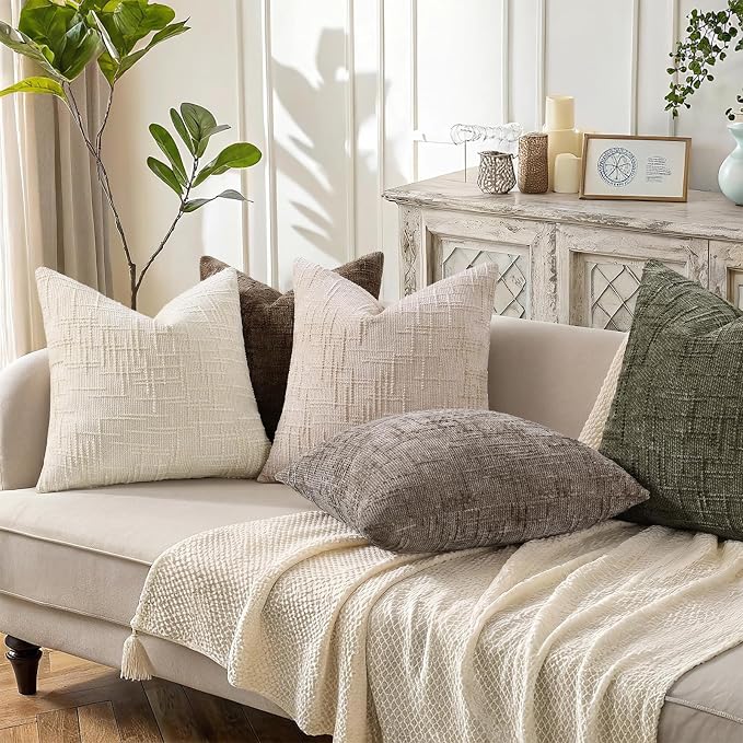 decorUhome Textured Chenille Throw Pillow Covers 26x26 Set of 2 Light Cream | Fall Modern Farmhouse Soft Cozy Slubby Couch Pillow Cases Boho Decorative Pillow Cases for Bed Sofa Living Room Home Decor
