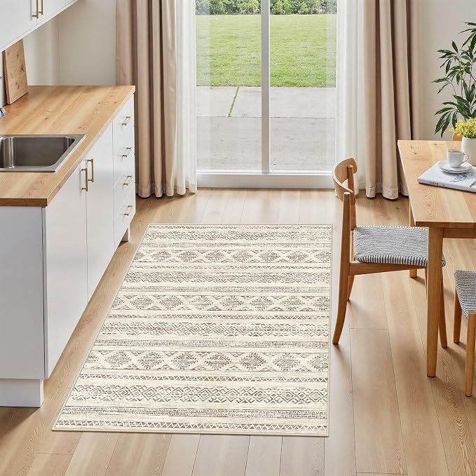 Tortania Area Rug Living Room Rugs - 3x5 Washable Soft Neutral Boho Moroccan Farmhouse Mat Indoor Floor Carpet for Bedroom Under Dining Table Home Office Decor - Brown
