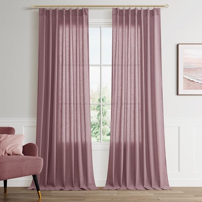 Ash Rose Pinch Pleated Linen Curtains 90 Inch Length 2 Panels for Living Room Bedroom Semi Sheer Window Curtain Boho Neutral Back Tab Pinch Pleat Drape with Hooks 40x90