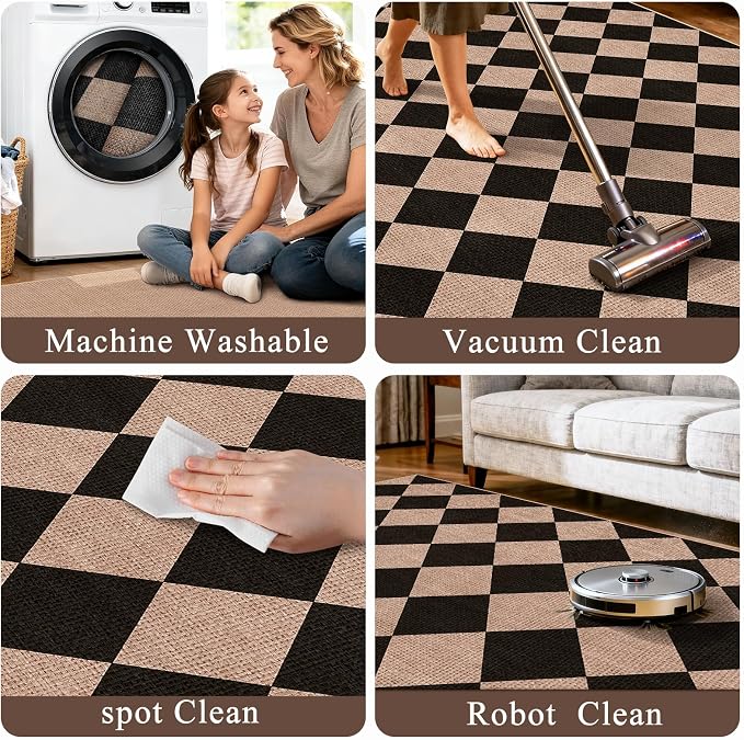 3x10 Runner Rug for Hallways: Washable Non Slip Kitchen Long Jute Runners | Extra Long Carpet for Bathroom Office Laundry Dining Living Room - Durable Floor Mat, Boho Farmhouse Decor (Black/Brown,3x10)