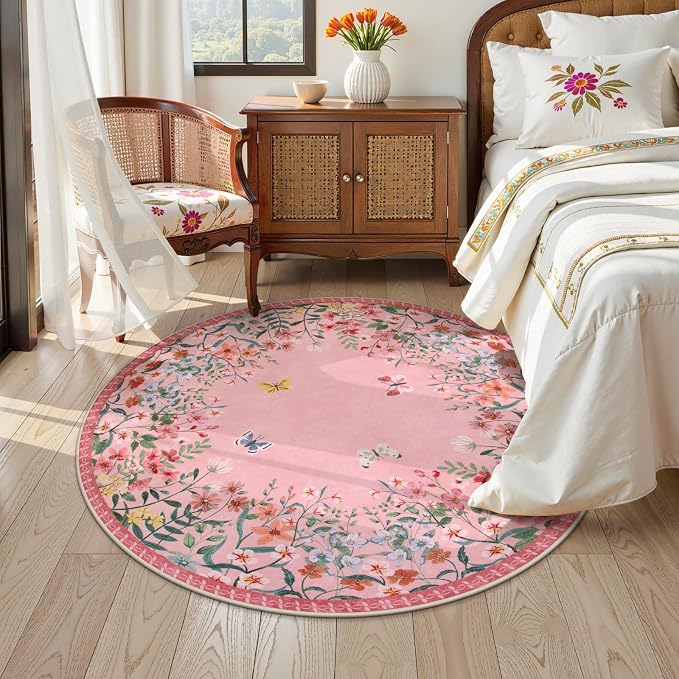 Wonnitar 5ft Round Washable Area Rug, Pink Floral Nursery Rug, Low Pile Soft Circle Rug for Kids Playroom, Boho Flower Accent Carpet, Girls Room Vanity Decor (5ft Round Pink)