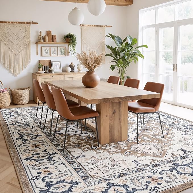 5x7 Washable Rugs, Area Rugs for Living Room, Bedroom, Kitchen, Vintage Boho Carpets, Soft Non-Slip Low Pile Large Area Rug for Dining Room Home Office Indoor Nursery, Brown Cream