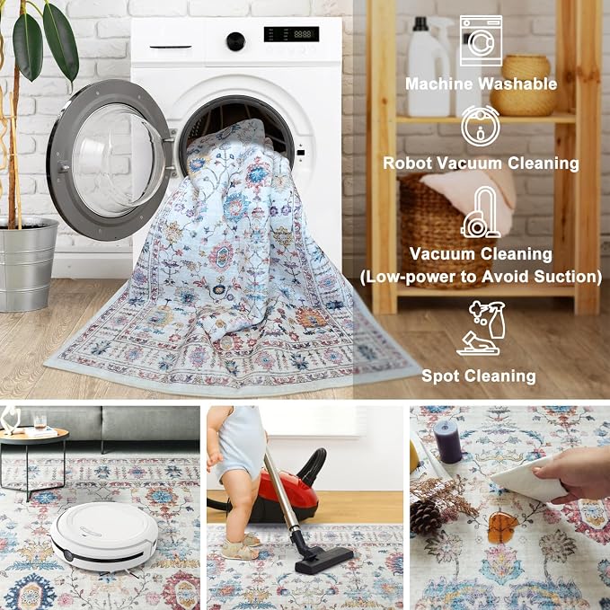 Mandala - Indoor Area Rugs 4x6 Washable, Stain Resistant Machine Washable Rugs for Living Room, Bedroom, and Modern House Décor - Durable Polyester Material, Colorful Patterned - Cream & Multi