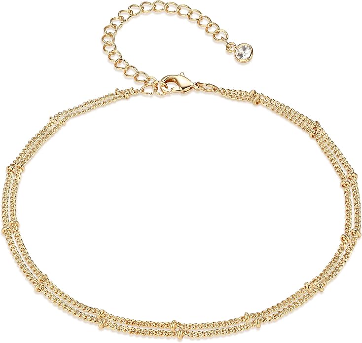 Dainty Gold Double Layer Disc Anklet for Women, 14K Gold Plated Sequin Chain Foot Bracelet, 8.5"+2" Adjustable Delicate Stackable Ankle Bracelet, Minimalist Summer Beach Jewelry Gift for Her