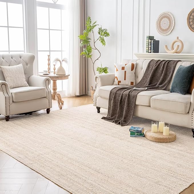 Shatex Jute Rug 8x10ft, Large Chunky Farmhouse Area Rug, Handcrafted Braided Rug, 100% Natural Jute Material, Ideal for Bedroom & Living Room, Heavy-Duty, Off-White