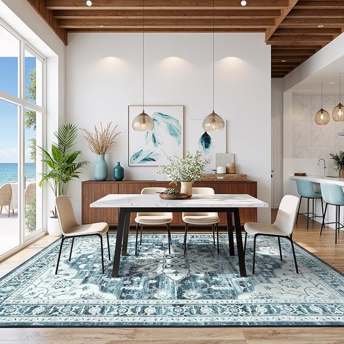 9x12 Coastal Blue White Large Area Rugs for Living Room - Boho Medallion Aesthetic Distressed Washable Rug, Soft Non-Slip Backing Low Pile Carpet for Dining Under Table, Bedroom, Office