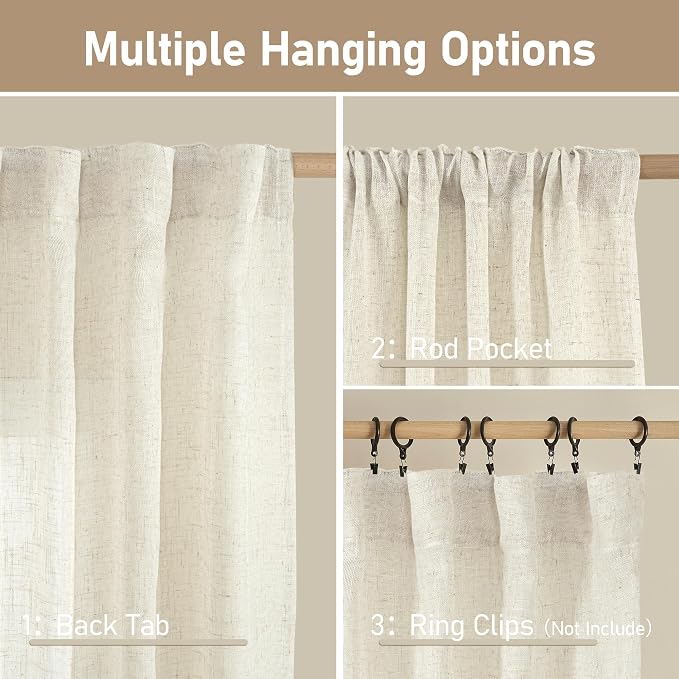 LAMIT 108 inch Linen Curtains for Living Room, Back Tab and Rod Pocket Cream Ivory Extra Long Curtains Light Filtering Neutral Drapes for Large Window, 2 Panels,52 x 108 Inch, 9FT, Natural