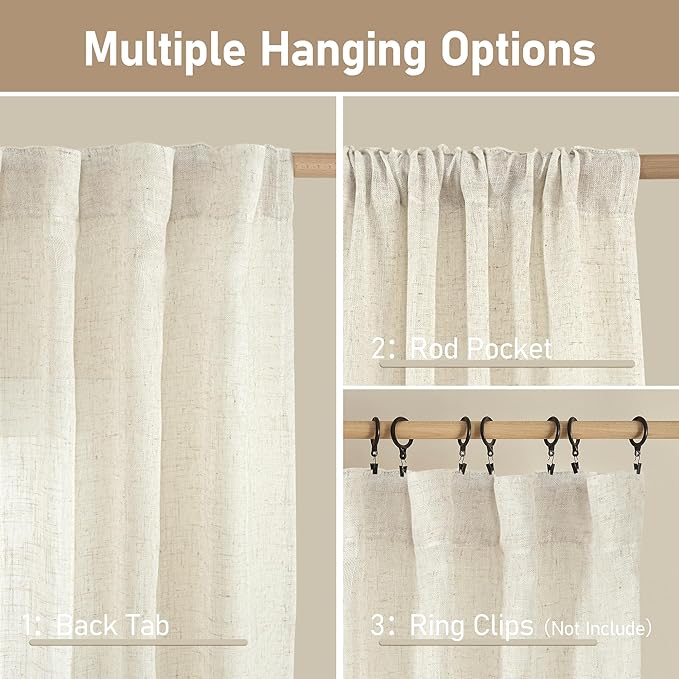 LAMIT Ivory 90 Inches Long Linen Sheer Curtains for Living Room, Back Tab and Rod Pocket Natural Curtains Light Filtering Boho Panels for Bedroom/Dining Room, Set of 2, 52 x 90 Inch