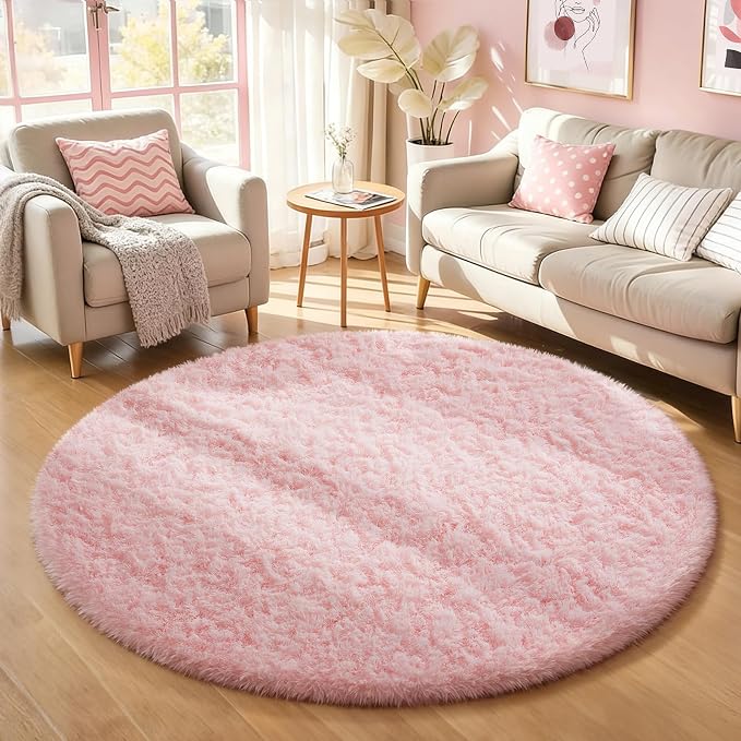 Ophanie Round Rugs 5Ft Pink Circle Area Rug,Fuzzy Bedroom Carpet, Shag Plush Floor Kawaii Christmas Living Room Rugs 5 Foot,Cute Aesthetic Room Decor for Kids Teen Girls Baby Over 99 pcs Pile fibers