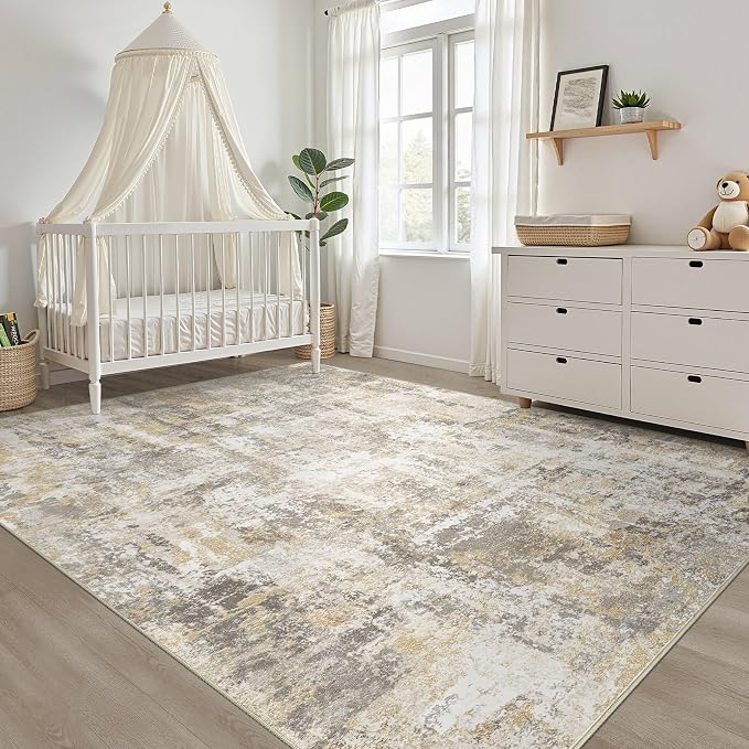 7x9 Area Rug Living Room: Washable Large Neutral Gray Gold Rugs Abstract Soft Modern Stain Resistant Indoor Floor Non-Slip Carpet for Bedroom Nursery Kids Office Playroom Dining Room Under Table Home