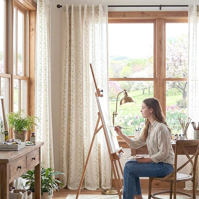 Lazzzy Cathy Linen Floral Curtains for Living Room Privacy Curtains Set of 2 for Bedroom Rod Pocket Back Tab Light Filtering Drapes 8 FT Farmhouse Cottagecore Decor 50"x96" Sage Green on Linen