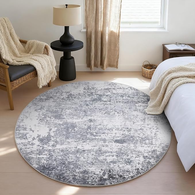 ROYHOME Modern Abstract 4x4 Round Area Rug Non Slip Non Shedding Rug Low Pile Stain Resistant for Bedroom Living Room Office Dining Room,Light Grey