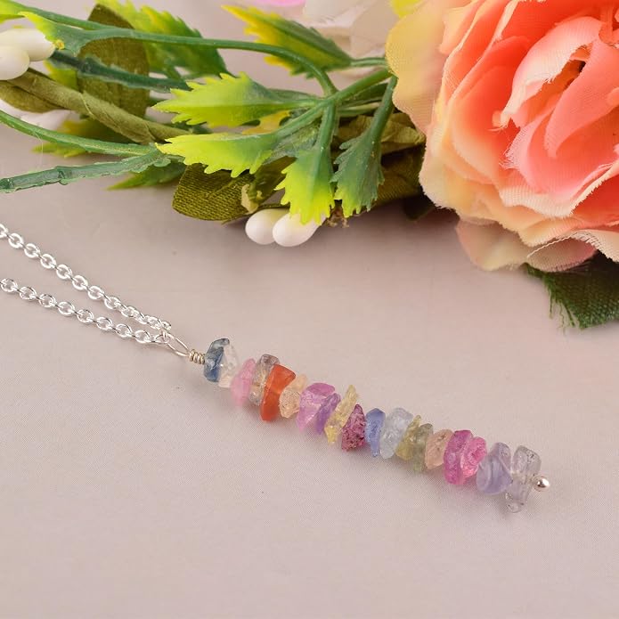 Natural Raw Multi Sapphire Stone Rough Crystal Gemstone Dainty Women Pendant Necklace, Chakra Healing Crystals, Birthstone, Gift, 925 Sterling Silver Chain 18 inch (multi-sapphire)
