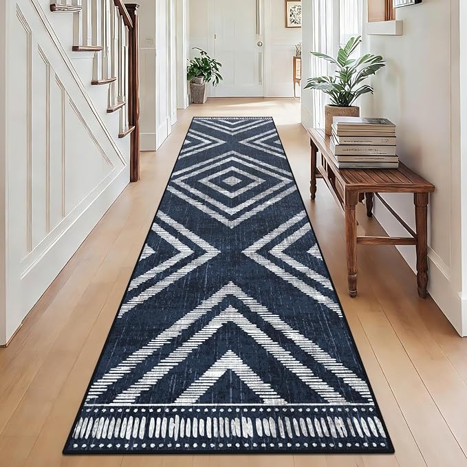 2x10Ft Boho Hallway Rug Runners Non Slip, Navy Blue Geometric Washable Kitchen Runner Rugs, Soft Thin Modern Farmhouse Entrance Floor Carpets for Entryway Doorway Bedroom Home Decor